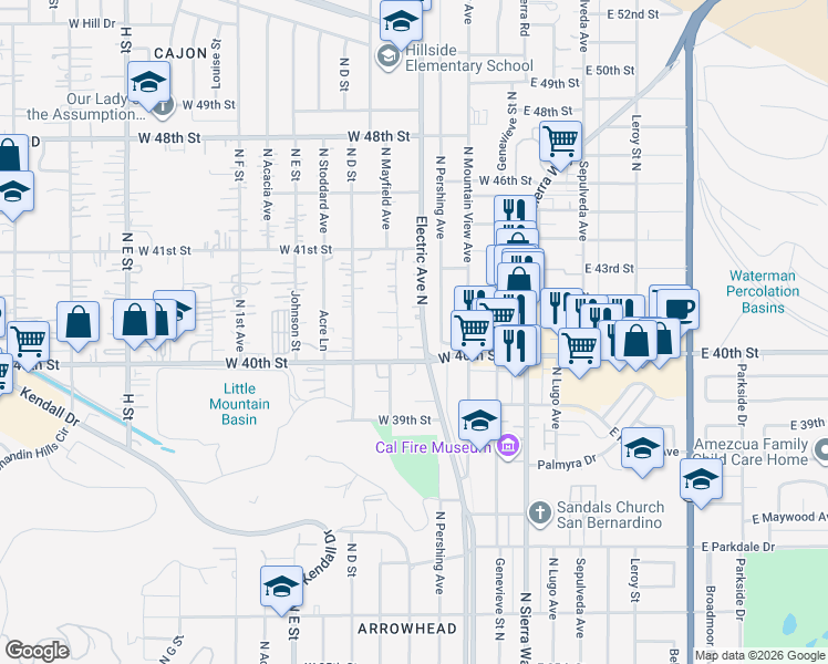 map of restaurants, bars, coffee shops, grocery stores, and more near 4039 Lorraine Drive in San Bernardino