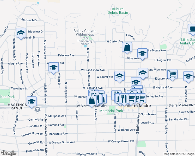 map of restaurants, bars, coffee shops, grocery stores, and more near 300 West Laurel Avenue in Sierra Madre