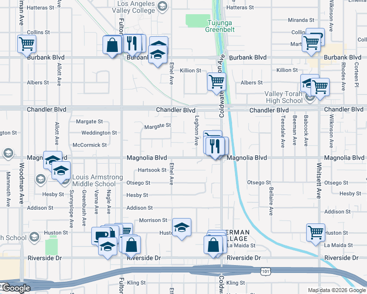 map of restaurants, bars, coffee shops, grocery stores, and more near 13033 Magnolia Boulevard in Los Angeles