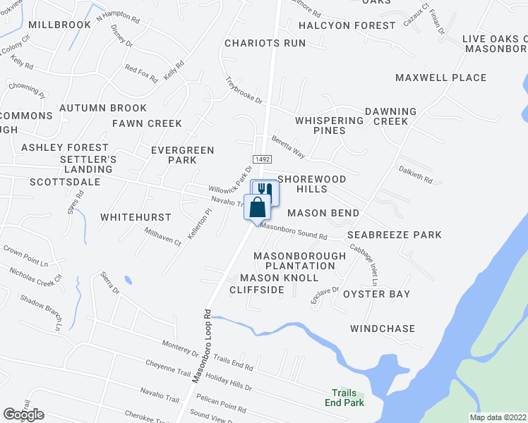 map of restaurants, bars, coffee shops, grocery stores, and more near 4037 Masonboro Loop Road in Wilmington