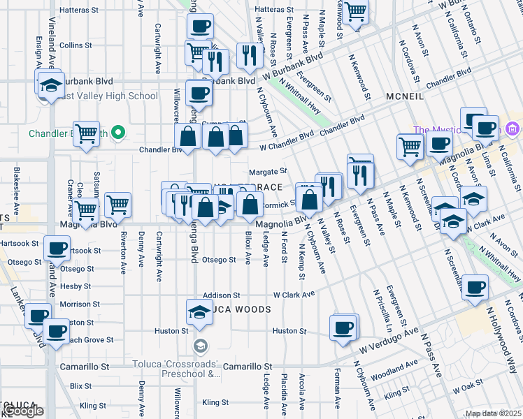 map of restaurants, bars, coffee shops, grocery stores, and more near 10410 McCormick Street in Los Angeles