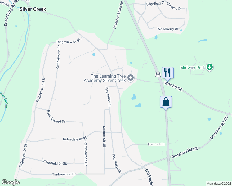 map of restaurants, bars, coffee shops, grocery stores, and more near 1118 Old Rockmart Road Southeast in Silver Creek