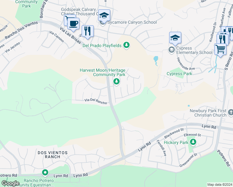 map of restaurants, bars, coffee shops, grocery stores, and more near 674 Camino Del Sol in Thousand Oaks