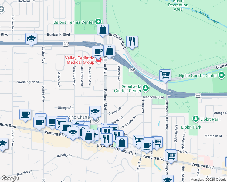 map of restaurants, bars, coffee shops, grocery stores, and more near 16830 McCormick Street in Los Angeles