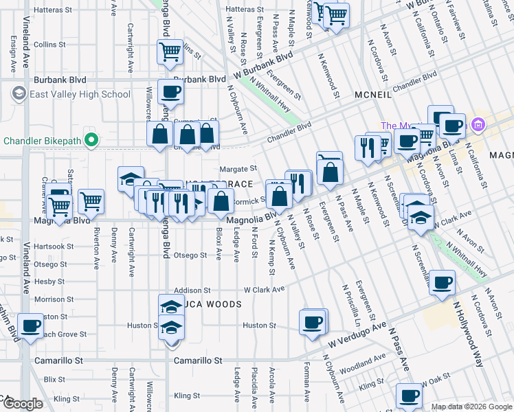 map of restaurants, bars, coffee shops, grocery stores, and more near 10330 McCormick Street in Los Angeles