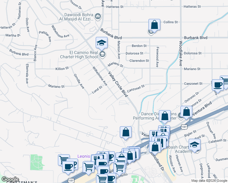 map of restaurants, bars, coffee shops, grocery stores, and more near 23623 Ladrillo Street in Los Angeles