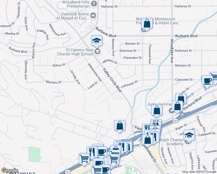 map of restaurants, bars, coffee shops, grocery stores, and more near 23623 Ladrillo Street in Los Angeles