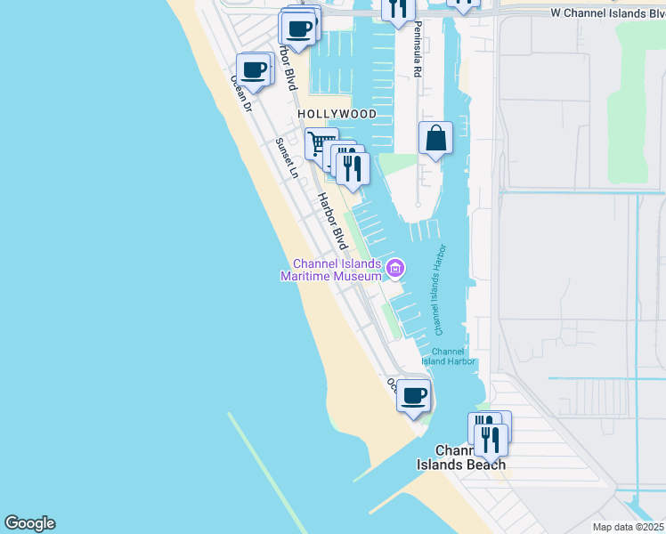 map of restaurants, bars, coffee shops, grocery stores, and more near 3529 Sunset Lane in Oxnard