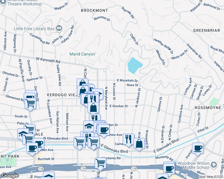 map of restaurants, bars, coffee shops, grocery stores, and more near 1307 North Louise Street in Glendale