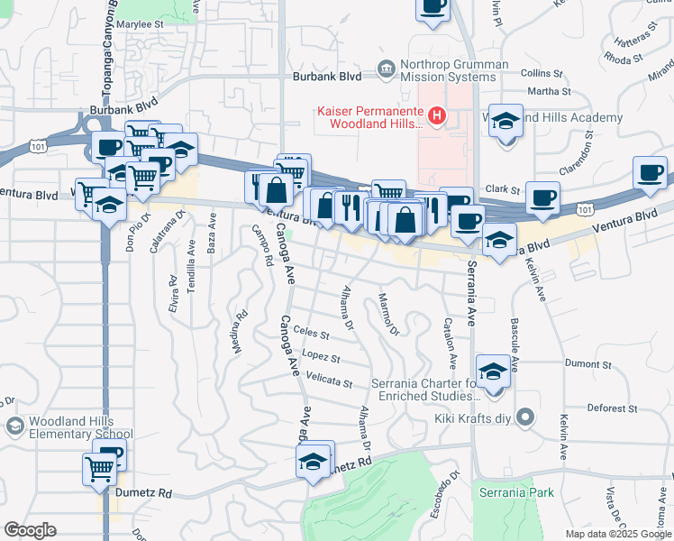 map of restaurants, bars, coffee shops, grocery stores, and more near 5302 Comercio Lane in Los Angeles