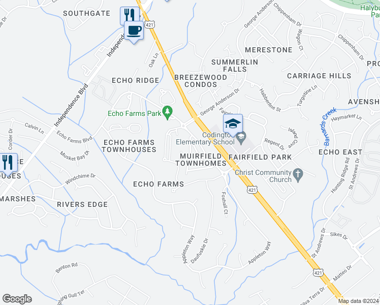 map of restaurants, bars, coffee shops, grocery stores, and more near Terrington Drive in Wilmington