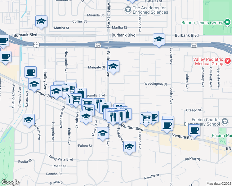 map of restaurants, bars, coffee shops, grocery stores, and more near 17628 McCormick Street in Los Angeles