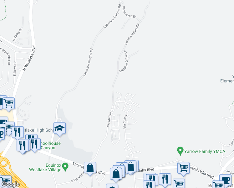 map of restaurants, bars, coffee shops, grocery stores, and more near 768 Via Colinas in Westlake Village