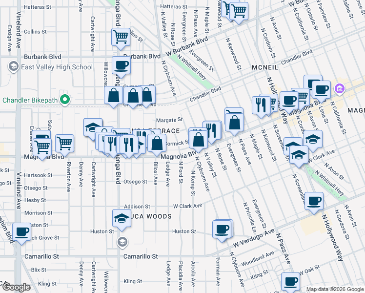 map of restaurants, bars, coffee shops, grocery stores, and more near 10330 McCormick Street in Los Angeles