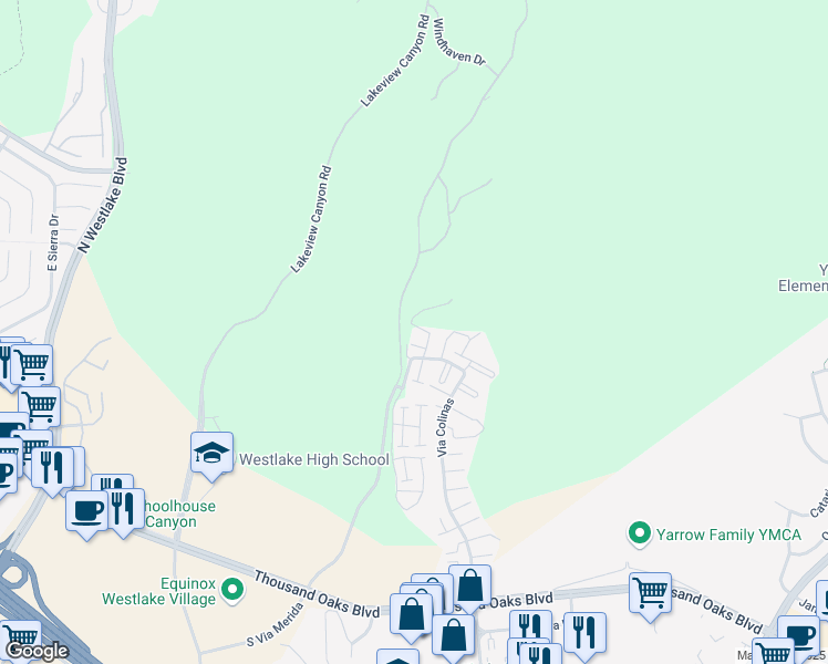 map of restaurants, bars, coffee shops, grocery stores, and more near 768 Via Colinas in Westlake Village
