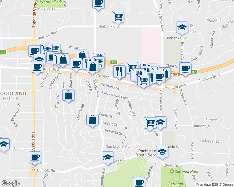 map of restaurants, bars, coffee shops, grocery stores, and more near 21211 Avenue San Luis in Los Angeles