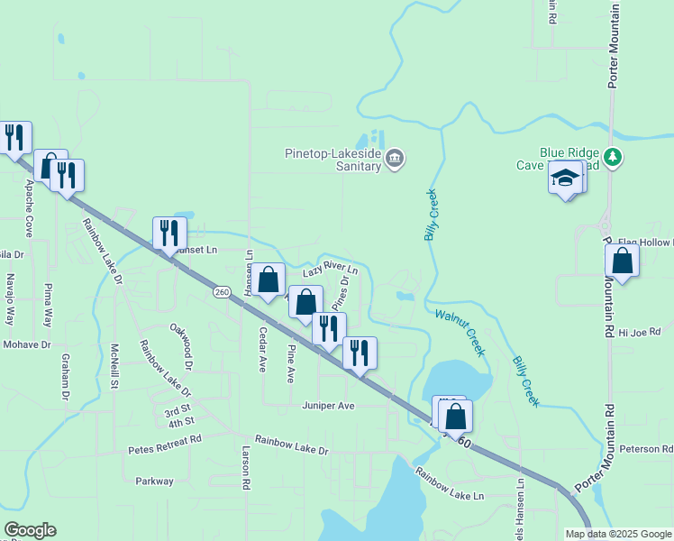 map of restaurants, bars, coffee shops, grocery stores, and more near 2917 Lazy River Lane in Navajo County