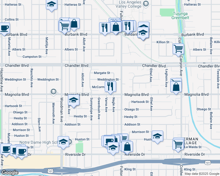map of restaurants, bars, coffee shops, grocery stores, and more near 5220 Nagle Avenue in Los Angeles