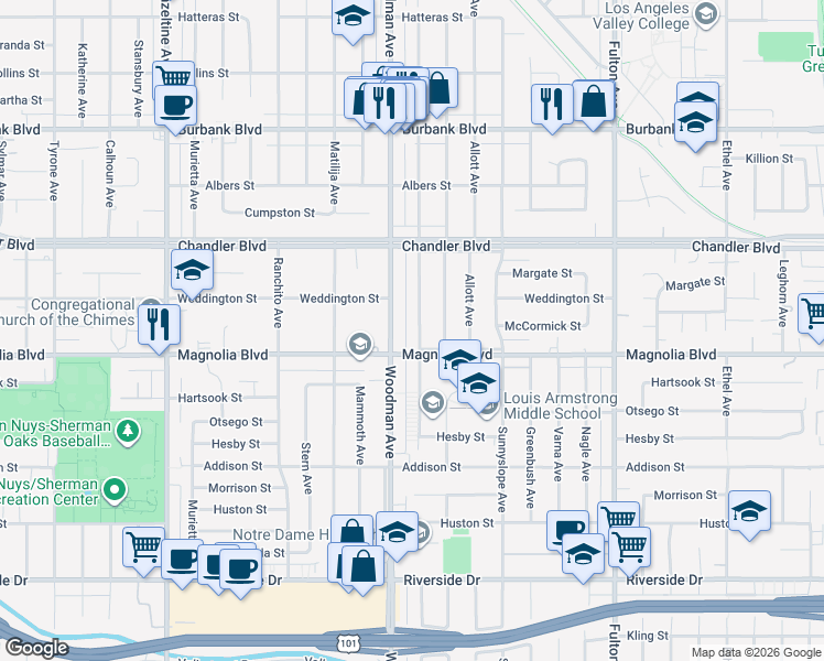 map of restaurants, bars, coffee shops, grocery stores, and more near 5227 Buffalo Avenue in Los Angeles