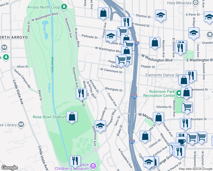 map of restaurants, bars, coffee shops, grocery stores, and more near 575 Westgate Street in Pasadena