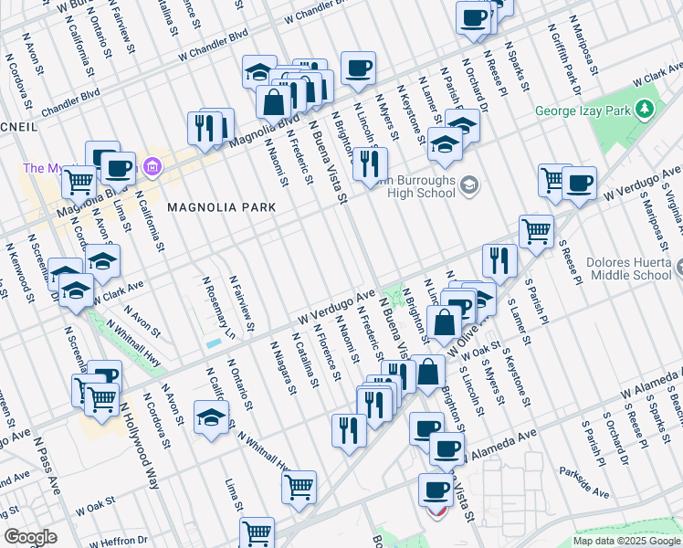 map of restaurants, bars, coffee shops, grocery stores, and more near 427 North Frederic Street in Burbank