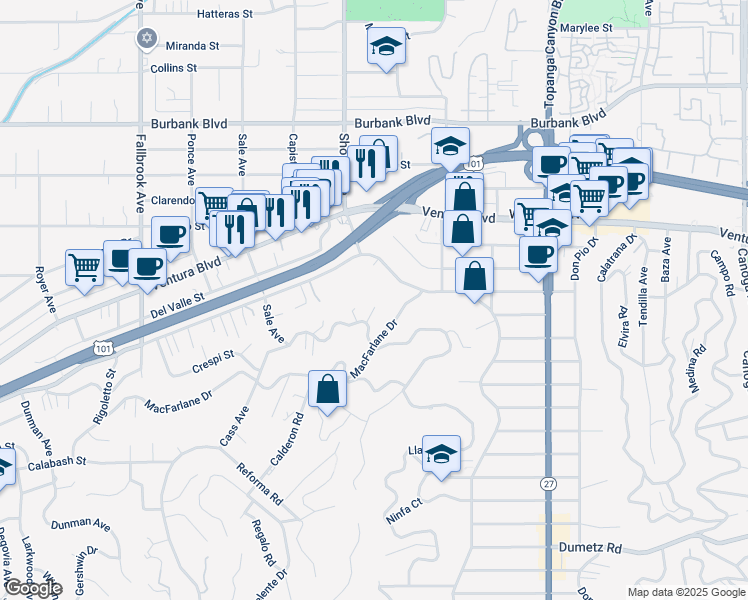 map of restaurants, bars, coffee shops, grocery stores, and more near 22377 Cass Avenue in Los Angeles