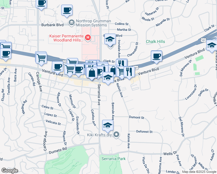 map of restaurants, bars, coffee shops, grocery stores, and more near 20874 Ventura Boulevard in Los Angeles