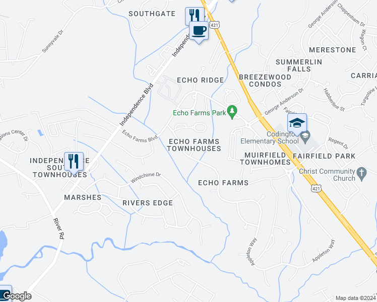 map of restaurants, bars, coffee shops, grocery stores, and more near 305 Wimbledon Court in Wilmington