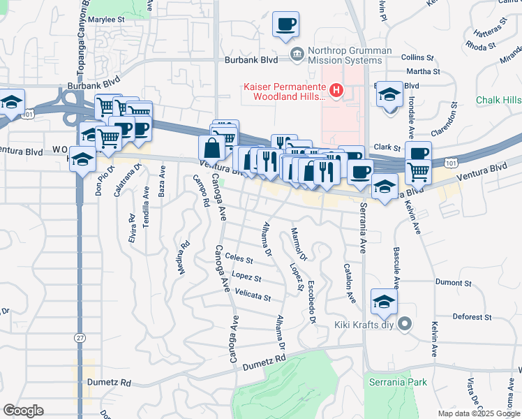 map of restaurants, bars, coffee shops, grocery stores, and more near 21211 Avenue San Luis in Los Angeles