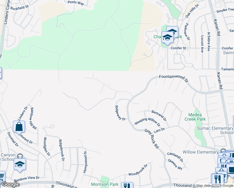 map of restaurants, bars, coffee shops, grocery stores, and more near 29650 Kimberly Drive in Agoura Hills