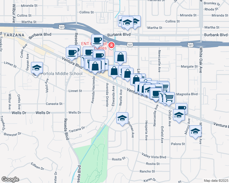 map of restaurants, bars, coffee shops, grocery stores, and more near 5203 Nestle Avenue in Los Angeles