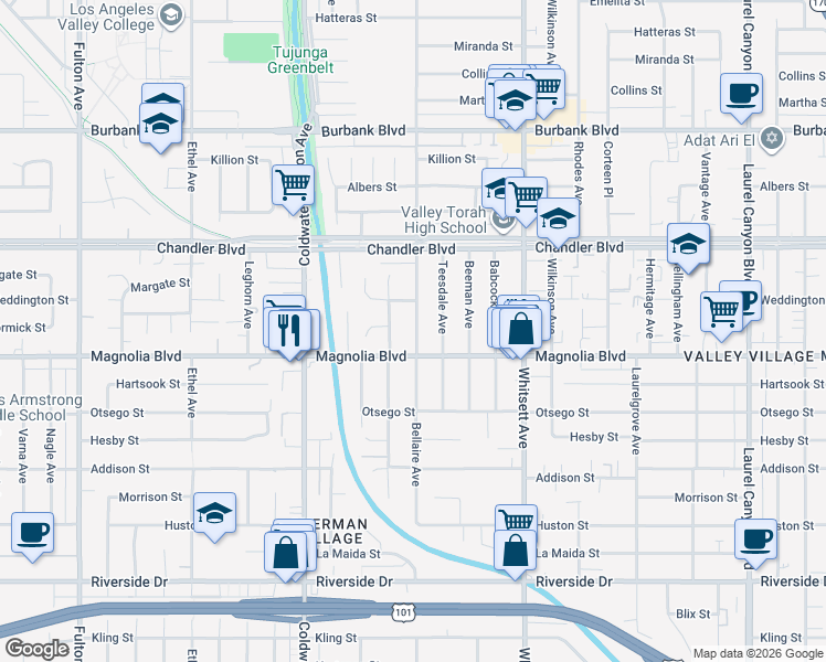 map of restaurants, bars, coffee shops, grocery stores, and more near 5226 Bluebell Avenue in Los Angeles