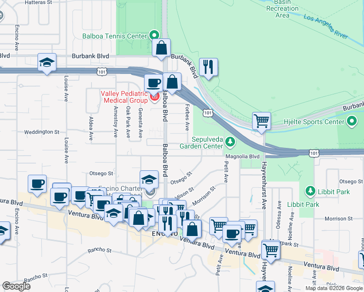 map of restaurants, bars, coffee shops, grocery stores, and more near 16820 McCormick Street in Los Angeles
