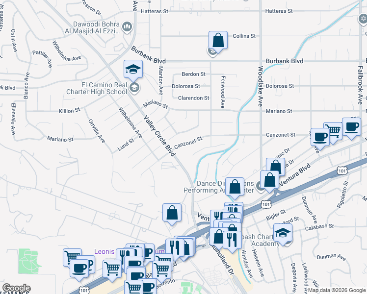 map of restaurants, bars, coffee shops, grocery stores, and more near 23508 Canzonet Street in Los Angeles