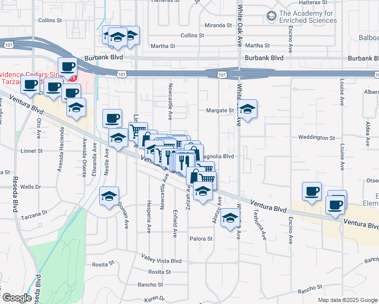map of restaurants, bars, coffee shops, grocery stores, and more near 17919 West Magnolia Boulevard in Los Angeles