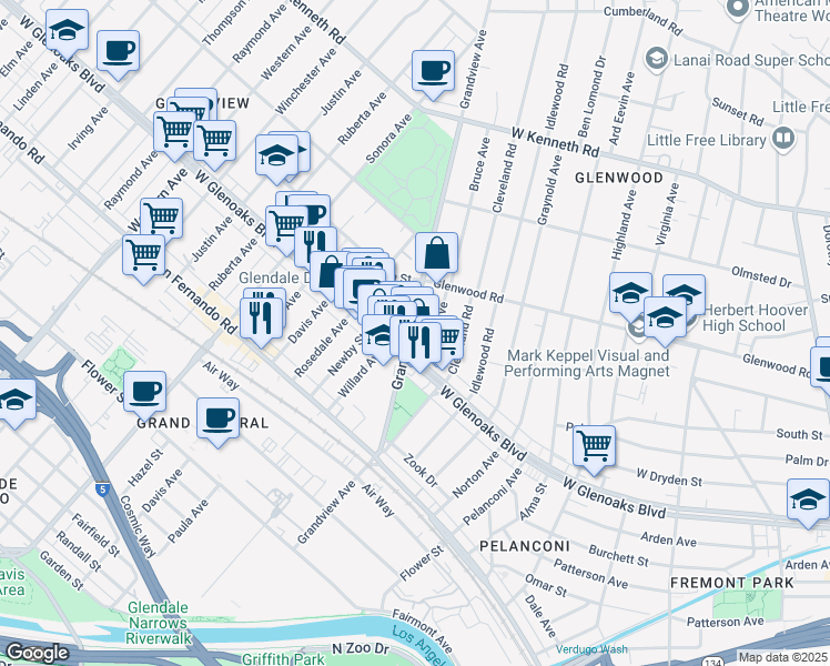 map of restaurants, bars, coffee shops, grocery stores, and more near 1214 Grandview Avenue in Glendale