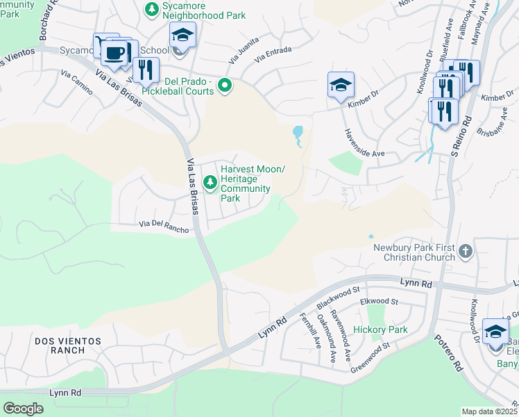 map of restaurants, bars, coffee shops, grocery stores, and more near 4358 Camino De La Rosa in Thousand Oaks