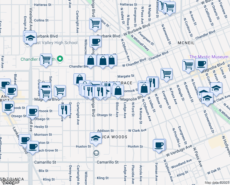map of restaurants, bars, coffee shops, grocery stores, and more near 5214 Strohm Avenue in Los Angeles