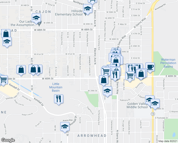 map of restaurants, bars, coffee shops, grocery stores, and more near 4040 Lorraine Drive in San Bernardino