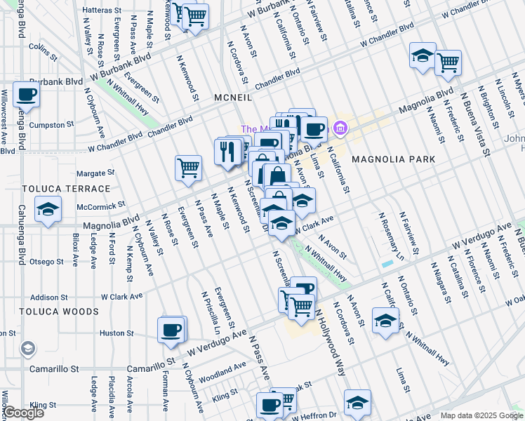 map of restaurants, bars, coffee shops, grocery stores, and more near 850 North Screenland Drive in Burbank