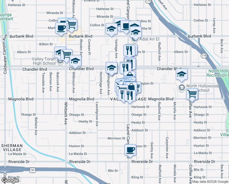 map of restaurants, bars, coffee shops, grocery stores, and more near 5229 Vantage Avenue in Los Angeles