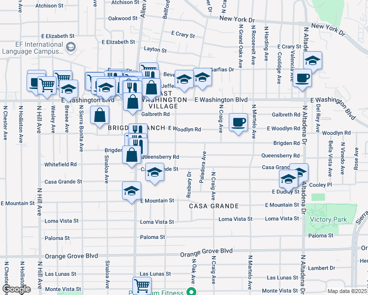 map of restaurants, bars, coffee shops, grocery stores, and more near 2038 Brigden Road in Pasadena