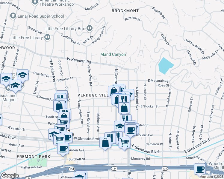 map of restaurants, bars, coffee shops, grocery stores, and more near 1303 North Central Avenue in Glendale
