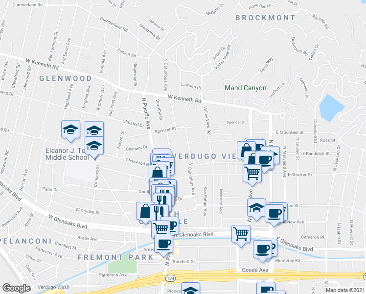 map of restaurants, bars, coffee shops, grocery stores, and more near 1315 North Columbus Avenue in Glendale