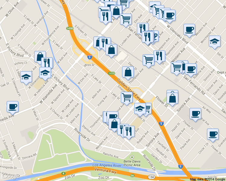 map of restaurants, bars, coffee shops, grocery stores, and more near 506 Irving Avenue in Glendale