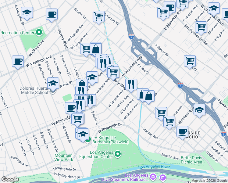 map of restaurants, bars, coffee shops, grocery stores, and more near 327 West Spazier Avenue in Burbank