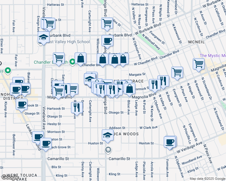 map of restaurants, bars, coffee shops, grocery stores, and more near 5219 1/2 Auckland Avenue in Los Angeles