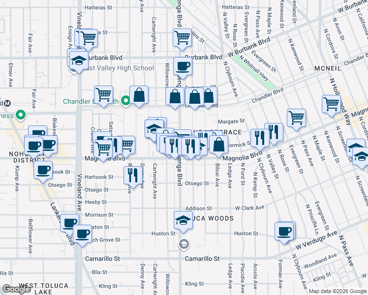 map of restaurants, bars, coffee shops, grocery stores, and more near 5219 1/2 Auckland Avenue in Los Angeles