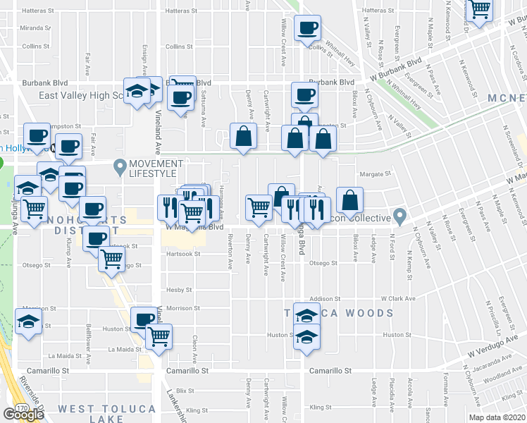 map of restaurants, bars, coffee shops, grocery stores, and more near 5215 Cartwright Avenue in Los Angeles