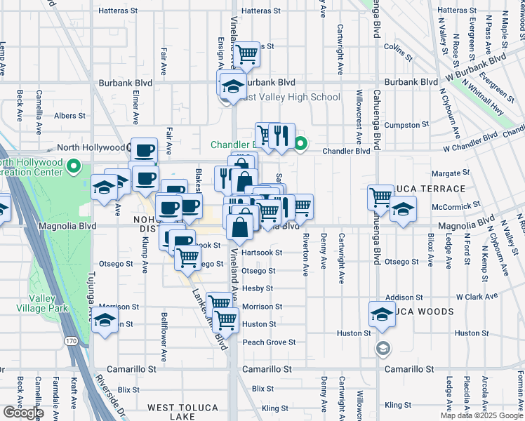 map of restaurants, bars, coffee shops, grocery stores, and more near 5217 Satsuma Avenue in Los Angeles